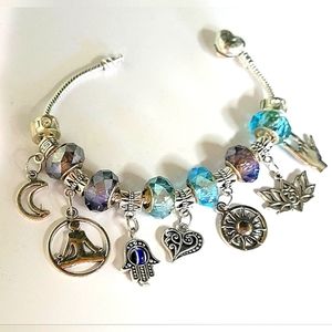 NWT 15 Charms! PEACE HOPE LOVE LOTUS MOON SUN YOGA BRACELET W AQUA+BLUE CRYS…